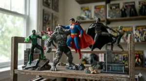 Detailed set of poseable superhero action figures for boys with capes and weapons.
