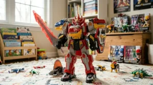 An assembled Power Rangers Megazord toy, a must-have gift for young fans.