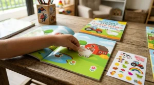 Close-up of a toddler placing a reusable sticker on a play scene in a sticker book.