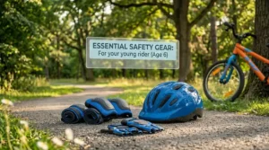 Illustration of essential safety gear including a helmet and knee pads for young riders.