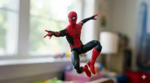 A detailed close-up photograph of a Spider-Man action figure from the Marvel Legends kids series, illuminated by natural daylight in a playroom.
