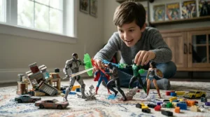 Imaginative battle scene featuring various superhero action figures for boys.