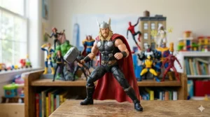 A 4K photorealistic close-up of the Thor Marvel Legends action figure, identical to the one from the collection display, firmly gripping his Mjolnir hammer accessory in a dynamic stance under natural light on a wooden shelf.
