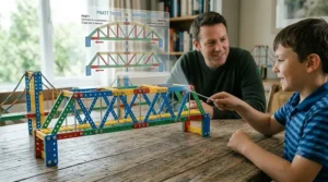 A detailed view of a truss bridge design built with the bridge building engineering kit parts.