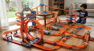 An ultimate large Hot Wheels track set display in a playroom