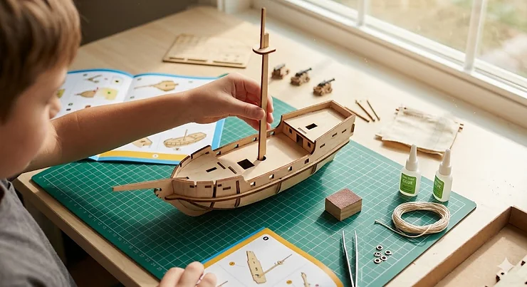 A child's hands carefully placing a mast into the deck of a wooden ship model kit. ship model kits for kids