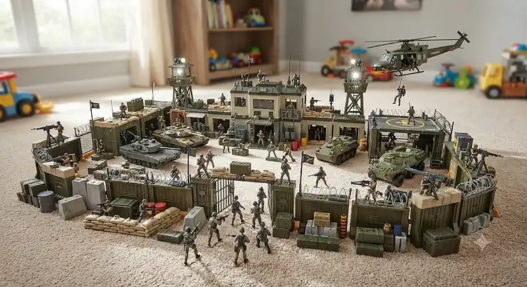 Army base playset for boys featuring toy soldiers and military action figures set up for tactical combat missions.