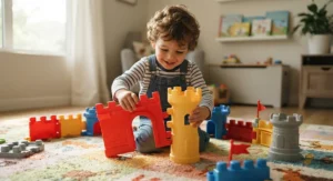 A toddler boy happily connecting large, durable plastic pieces of a beginner's snap-together castle building set on a rug.