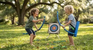 Two boys laughing and playing target games in the park with their foam bow and arrow set.