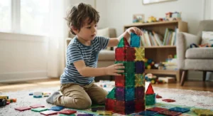 A young boy stacking magnetic construction tiles to build a tall tower.