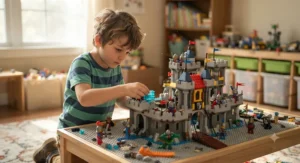 A young boy focused on connecting plastic building bricks to construct a colorful fantasy castle set, complete with knight minifigures.