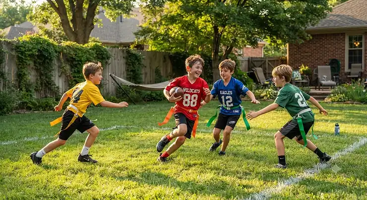 Young boys playing a flag football game on a green backyard lawn using fun outdoor sports toys. backyard sports toys for boys
