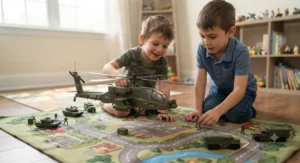 Young boys playing together with a toy military helicopter on an army map play rug