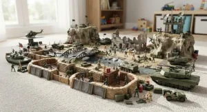 Detailed boys toy soldier playset arranged on a tactical battlefield diorama with realistic military equipment.