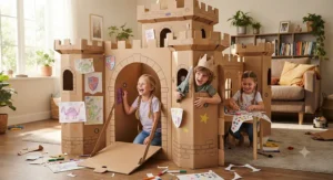 Several children decorating and playing inside a large, easy-to-assemble cardboard castle building set set up in a living room.