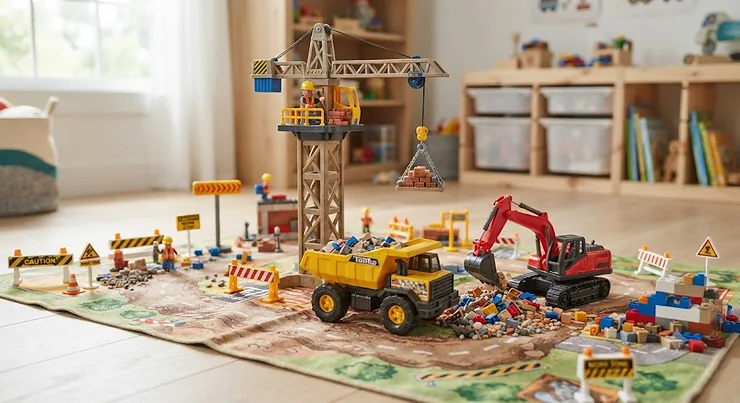 A colorful construction site toy playset for boys featuring a crane, dump truck, and building blocks on a play mat.