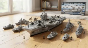 Deluxe military ship toy set for boys featuring a flagship aircraft carrier accompanied by miniature attack helicopters and patrol boats.