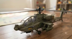 Close-up view of a detailed combat toy military helicopter for boys showing rotor blades