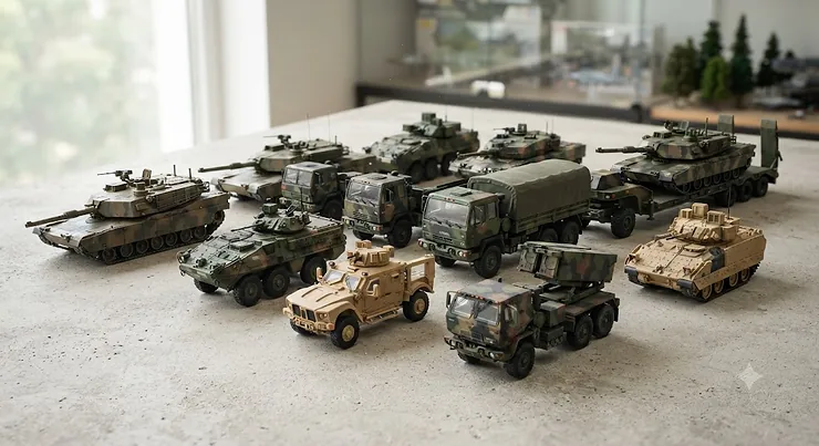 Diecast metal military vehicle toy set including armored cars and camouflage trucks on display