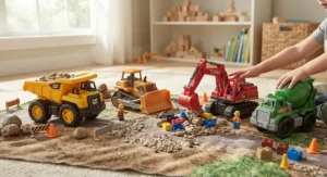 Set of durable construction toy trucks including a bulldozer and excavator for young boys to play with at the construction site.