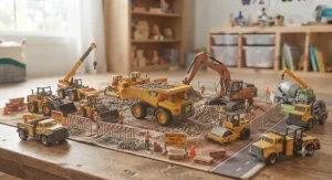 A collection of diecast metal construction vehicles arranged in a toy playset designed for boys who love building projects.
