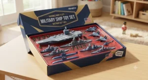 Durable plastic military ship toy set for boys arranged inside an attractive gift box, perfect for birthday presents.
