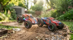 Rugged red and blue stunt car toys for boys designed for outdoor racing.