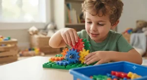 Close up of a child connecting plastic gears in a STEM building toy set designed for boys.