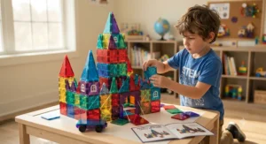 A STEAM educational toy showing a castle built from colorful, translucent magnetic tiles by a young boy.