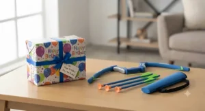 A wrapped gift box next to an unboxed foam bow and arrow set, ideal as a birthday present for boys.