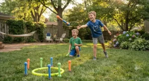 Children playing a safe, foam-tipped lawn darts game on the backyard grass.