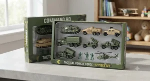 Unboxed military vehicle toy set displayed neatly in a gift package for children