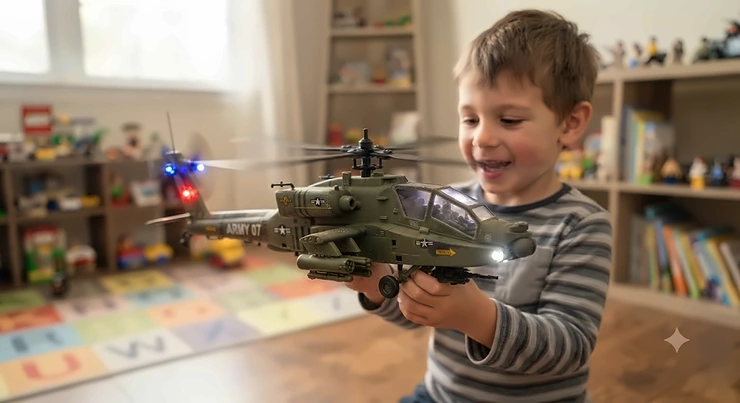 Green toy military helicopter for boys featuring flashing LED lights and realistic sound effects