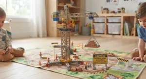 A detailed construction crane toy playset for boys featuring a working pulley system and realistic safety warning signs.