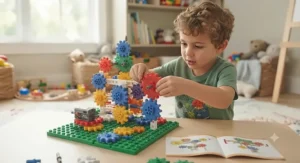 A child learning mechanical principles with an interlocking gear building toy set.