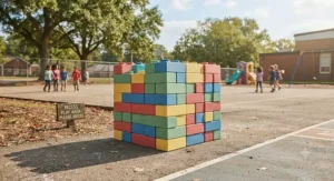 Stack of jumbo foam building bricks neatly arranged on a playground surface for school recess