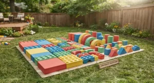 A full set of various shaped jumbo foam building bricks arranged for outdoor creative games