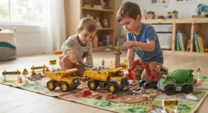 Young boys engaged in creative indoor play with a large-scale construction site toy playset and realistic building materials.