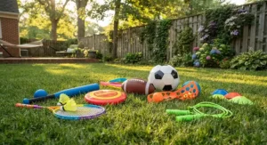 A collection of colorful backyard sports toys including soccer balls, footballs, and a flying disc on the grass.