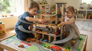Two children playing together with a large multi-level car garage toy.