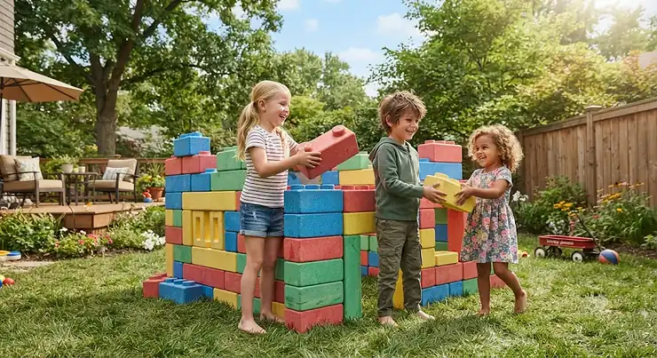 Children building a fort in the backyard using large lightweight jumbo foam building bricks