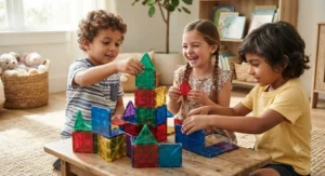 Two children laughing while collaborating on a magnetic construction tiles project.