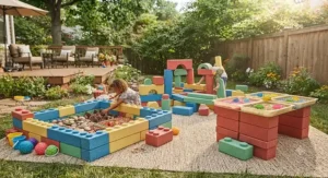 Colorful jumbo foam building bricks set up for outdoor sensory construction play
