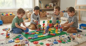 A wide shot of boys playing together with a large gear building toy set on a rug.