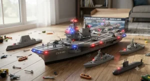 Large battery-operated military ship toy set for boys with flashing electronic lights and realistic naval battle sound effects.