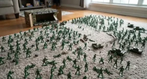 A wide shot of a massive plastic army men bulk set laid out on a carpet.