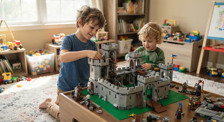 Two boys in a playroom actively building a large, gray plastic toy castle building set with turrets and walls. castle building set boys