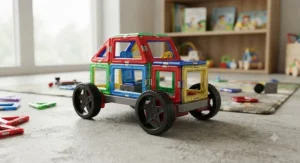 A vehicle base with wheels made from magnetic construction tiles.