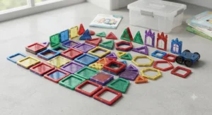 Assorted magnetic construction tiles in various geometric shapes like triangles and squares.