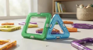 Durable magnetic construction tiles showing smooth, rounded edges for safe play.